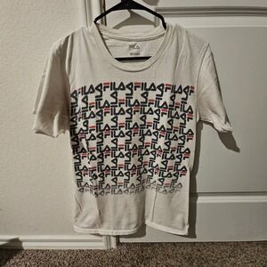 FILA Men's Graphic T-Shirt Cream All Over Logo Print Short Sleeve Crew Casual